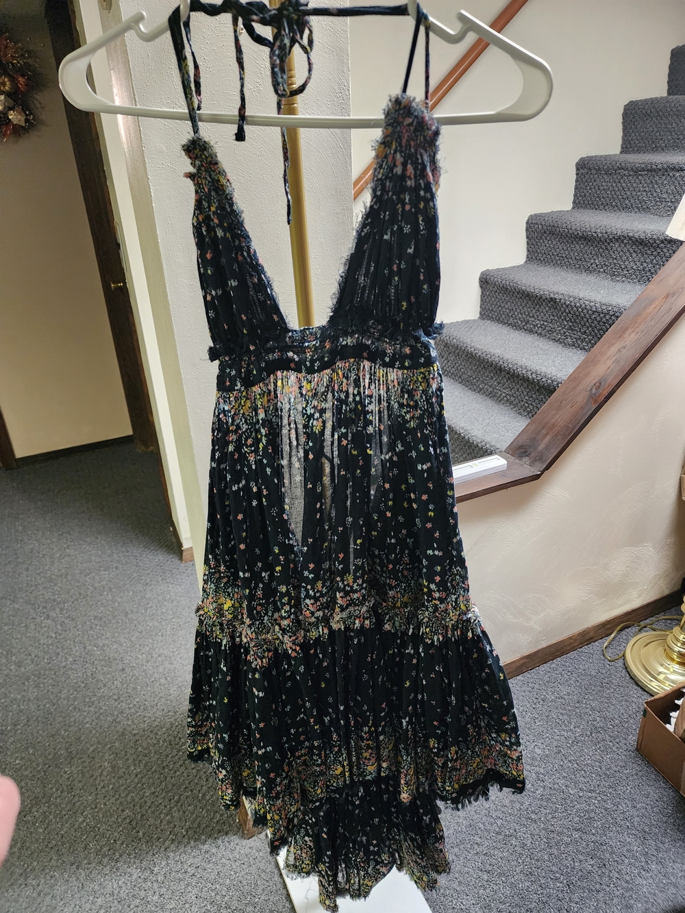 Free People Women's Black Floral Sundress with Deep V Neck